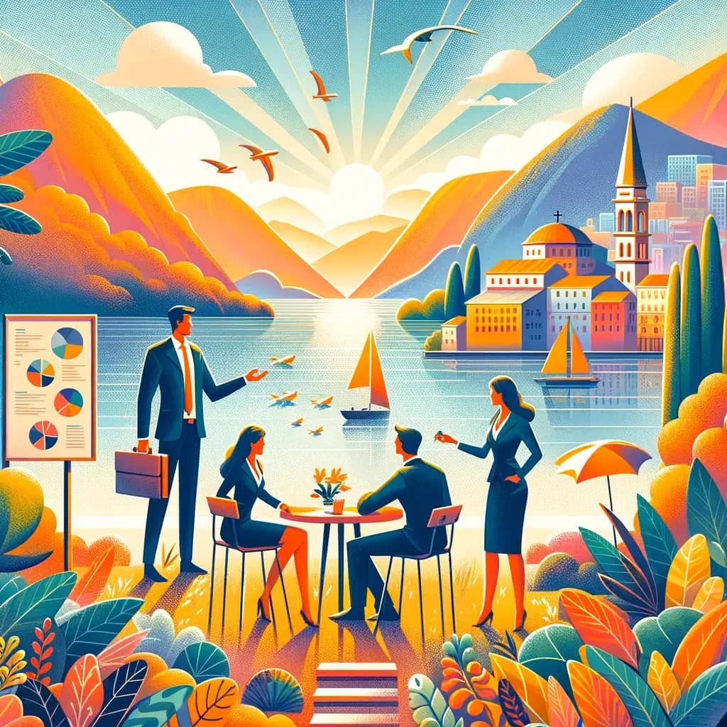 A vibrant and inviting image that embodies the spirit of Montenegro for a company's 'About Us' page hero section. The image should represent progress, growth, and success in the Montenegrin context.