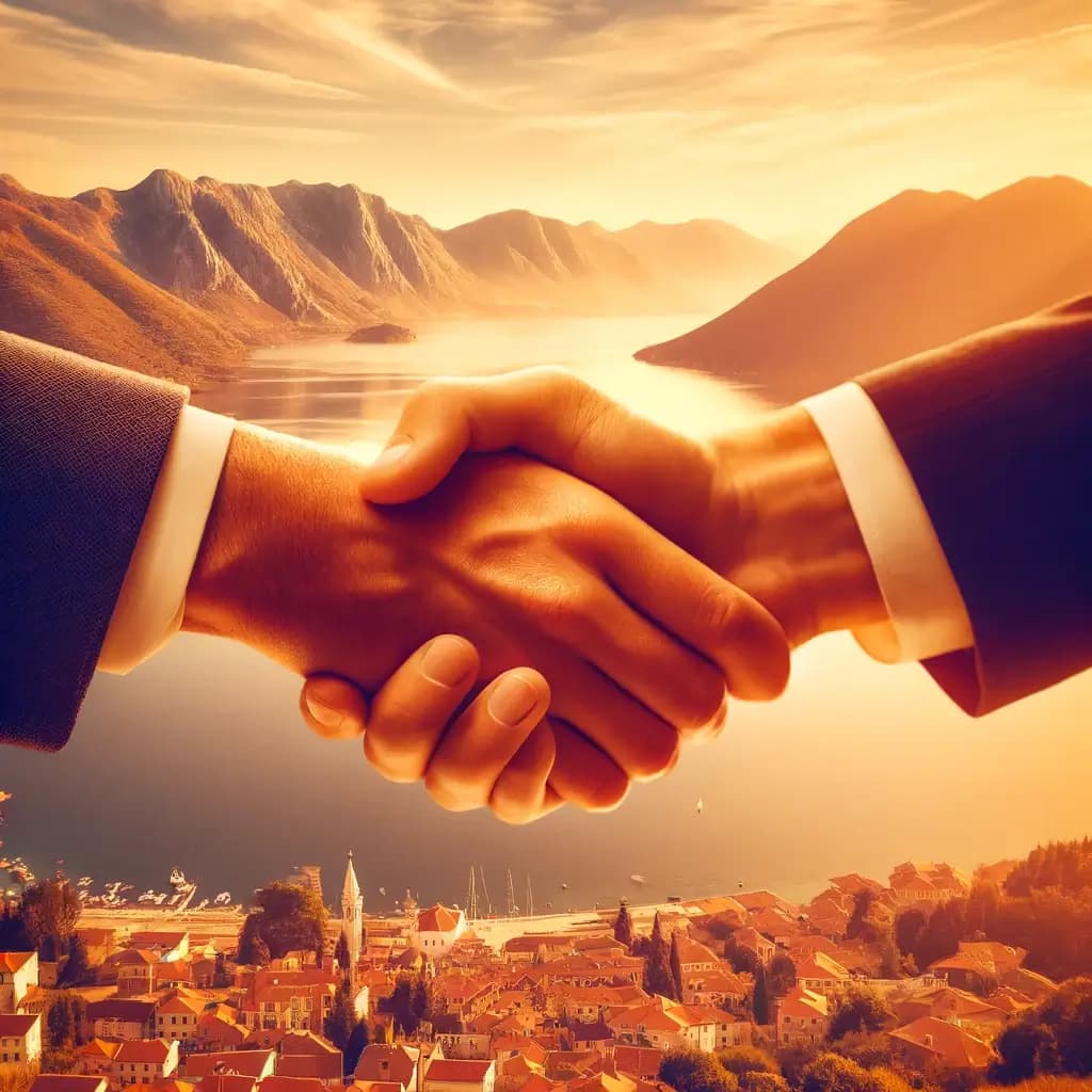 A business partnership handshake in front of a picturesque landscape of Montenegro, with the serene Adriatic Sea and rugged mountain ranges in the background.