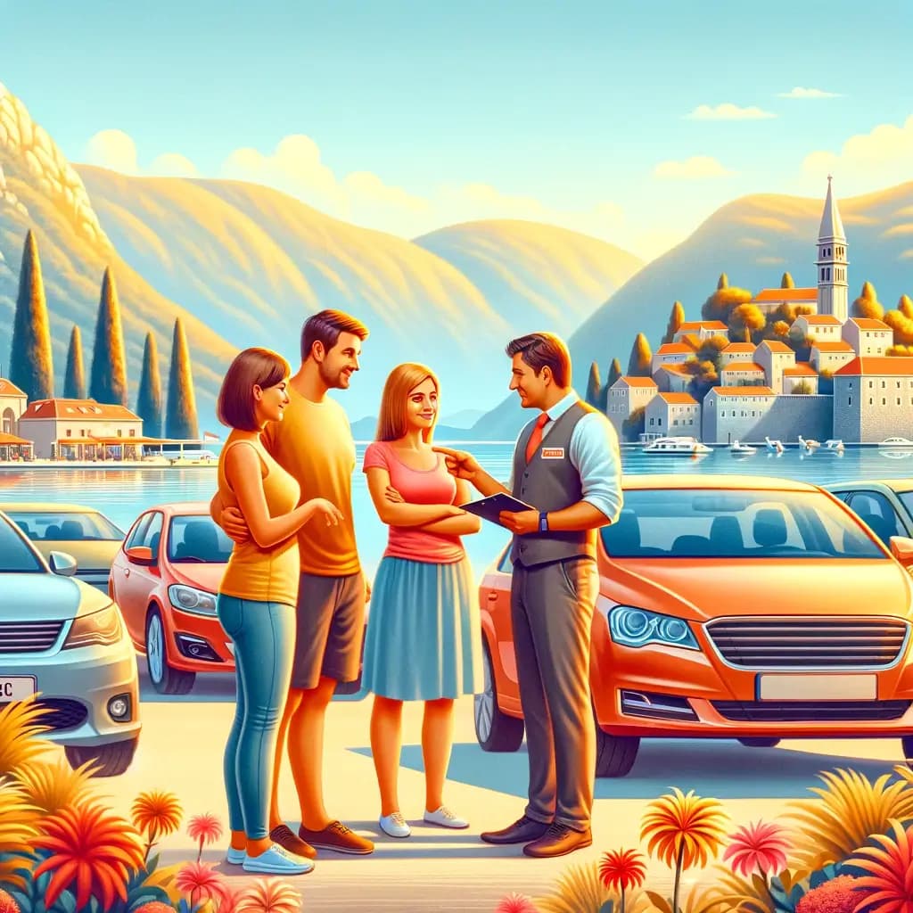 A realistic yet warm and inviting scene of a family consulting with a car rental agent in Montenegro, showcasing a friendly interaction in an outdoor setting with a variety of cars in the background.