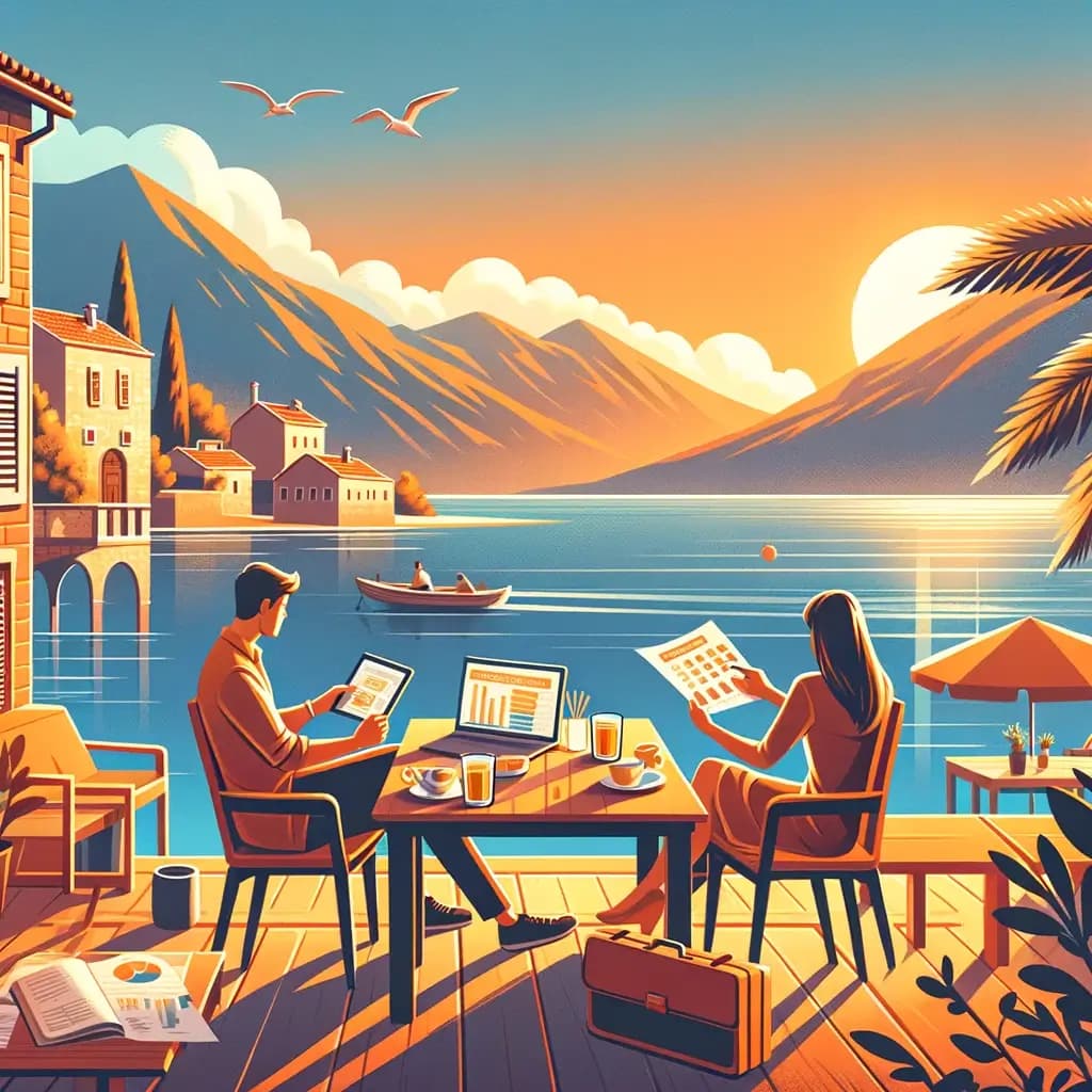 A warm, inviting, and vibrant image representing an individual engaging in budget planning and cost comparison in Montenegro, featuring a serene and peaceful environment that reflects the cost-effectiveness and financial planning services of Montenegro