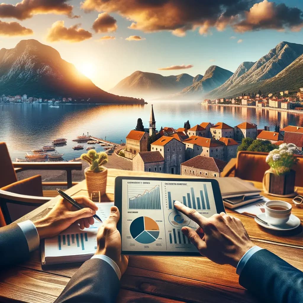 A warm, inviting, and vibrant image representing a collaborative team engaging in feasibility studies and market analysis in a modern office environment in Montenegro, featuring a serene and peaceful environment that reflects the feasibility studies and market analysis services of Montenegro