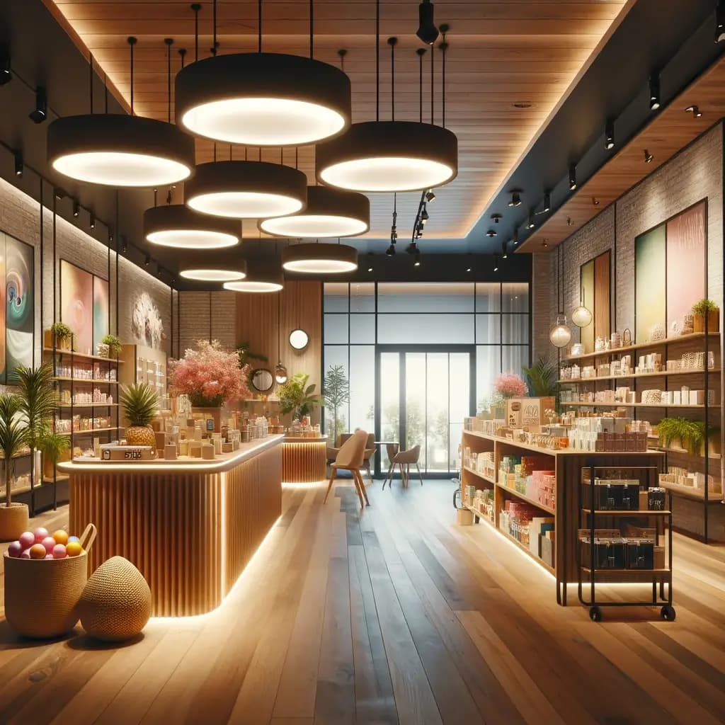 A warm, inviting, and friendly retail store interior design, showcasing a stylish and modern layout with comfortable seating areas, soft lighting.