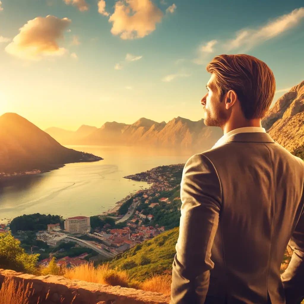 An image of a successful businessman looking out over the picturesque landscape of Montenegro, with the serene Adriatic Sea and rugged mountain ranges in the background.