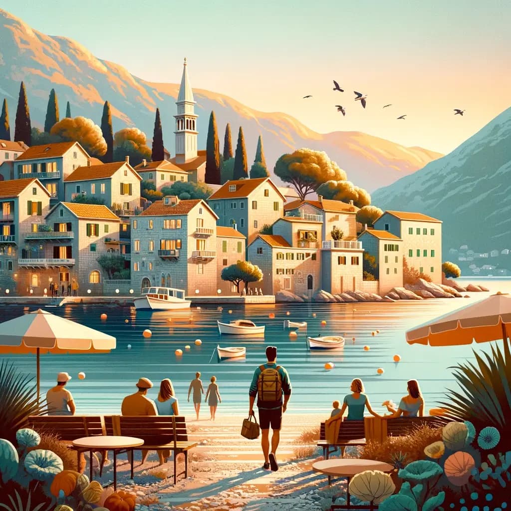 an image that conveys a sense of discovery and homeliness, portraying a friendly and inviting scene of a person or a family exploring the diver city of Montenegro, showcasing a sense of comfort and trust.