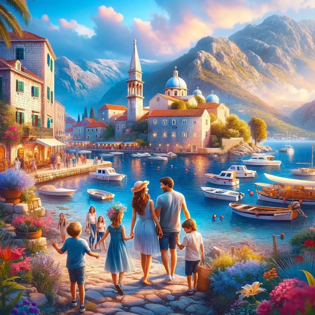 A family is seen enjoying a vibrant and serene coastal environment in Montenegro.