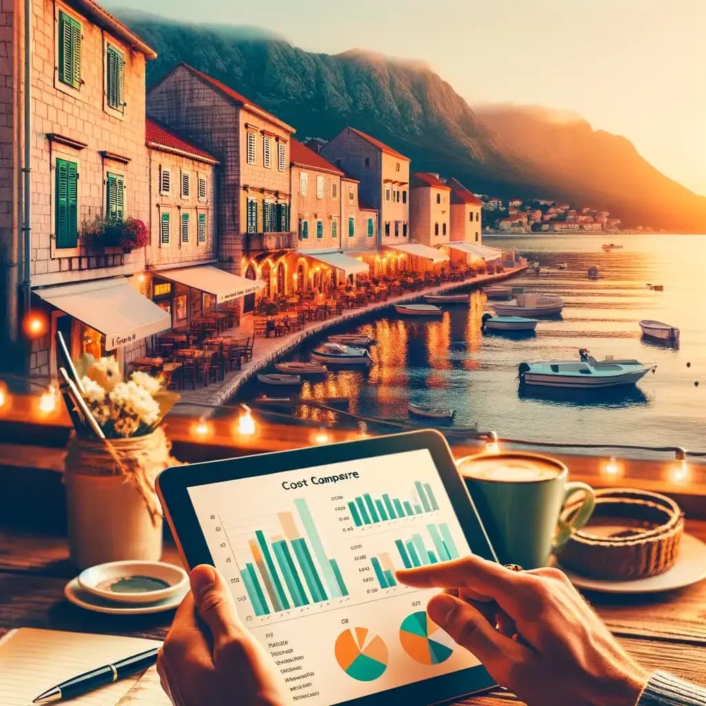 a warm, inviting, and vibrant image representing an individual engaging in budget planning and cost comparison in Montenegro, featuring a serene Montenegrin landscape with a focus on financial planning and budgeting.