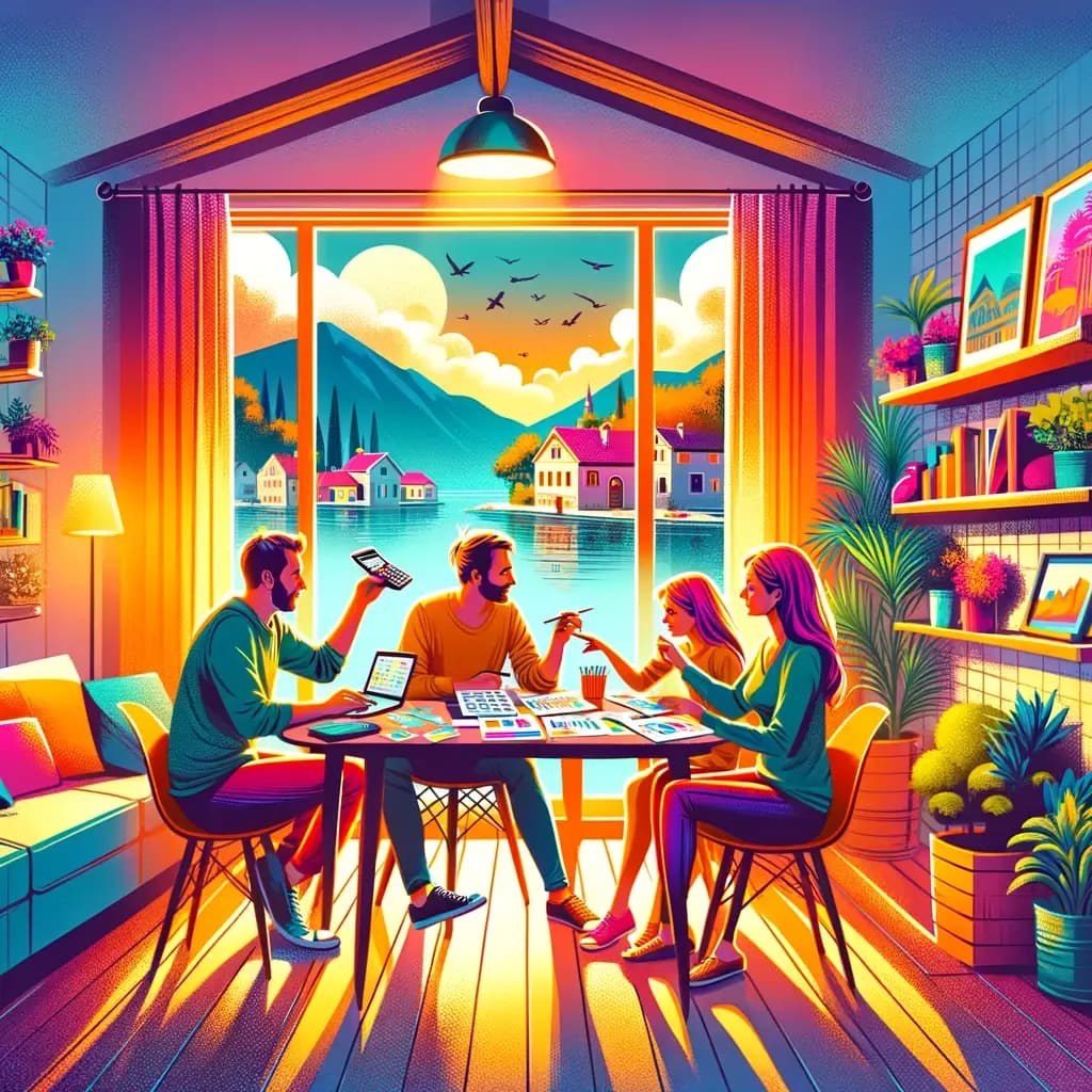 an image that showcases a family engaged in a lively discussion with papers and calculators on the table, inside a cozy and vibrant home setting